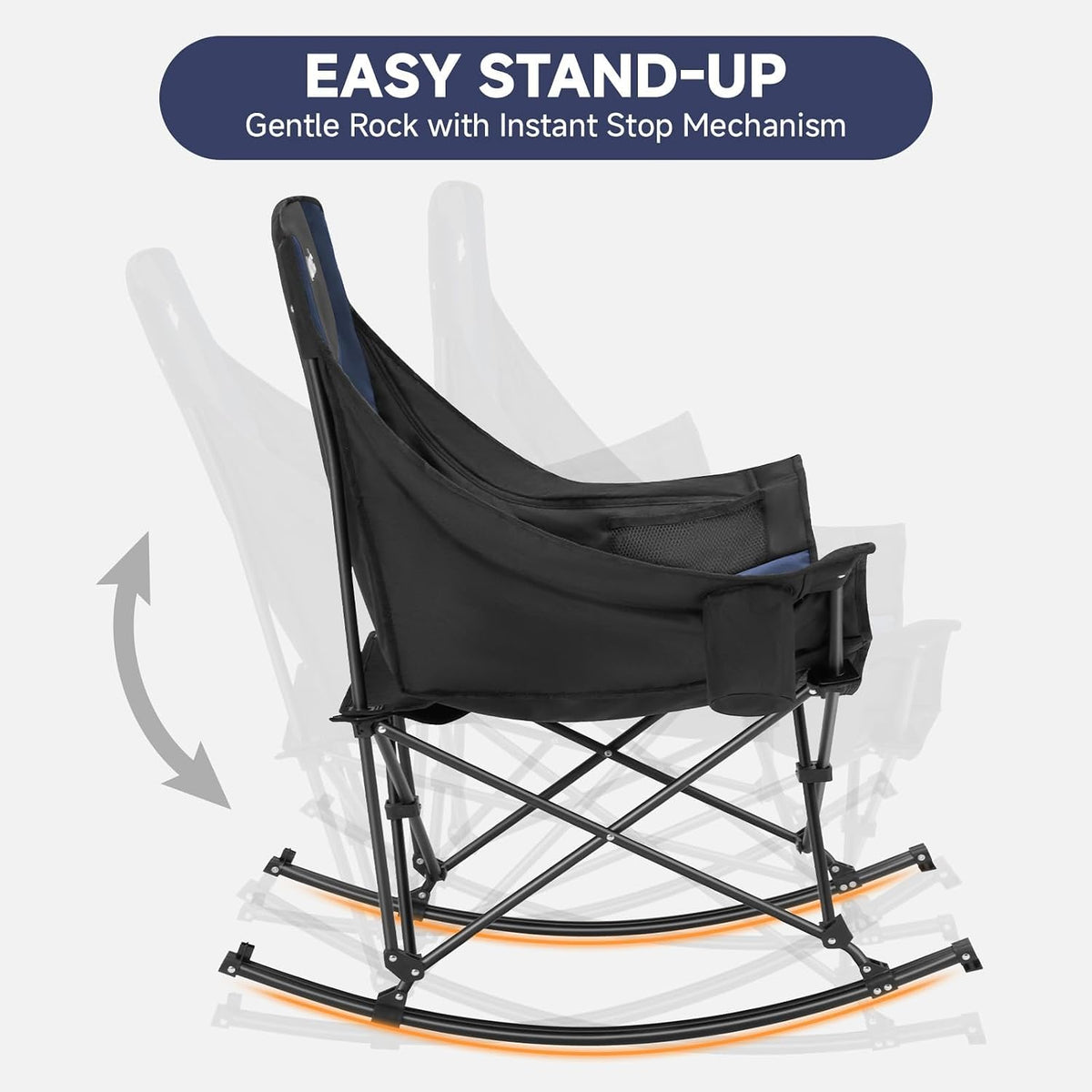 Youtanic Oversized Folding Rocking Camping Chair, Padded Portable Rocking Chair with Pockets, Cup Holder and Carry Bag, Heavy Duty Outdoor Rocker Patio Chair for Garden, Lawn, Up to 400lbs, Navy Blue