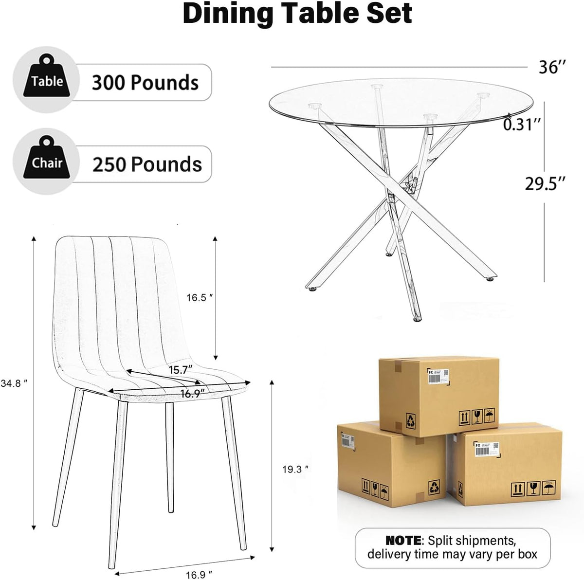 Modern Round Glass Dining Table Set for 4, 36'' Small Tempered Glass Tabletop Black Base with 4 Green Minimalism Dining Chairs, 5-Piece Clear Circle Dining Table Set(Easy Assemble)