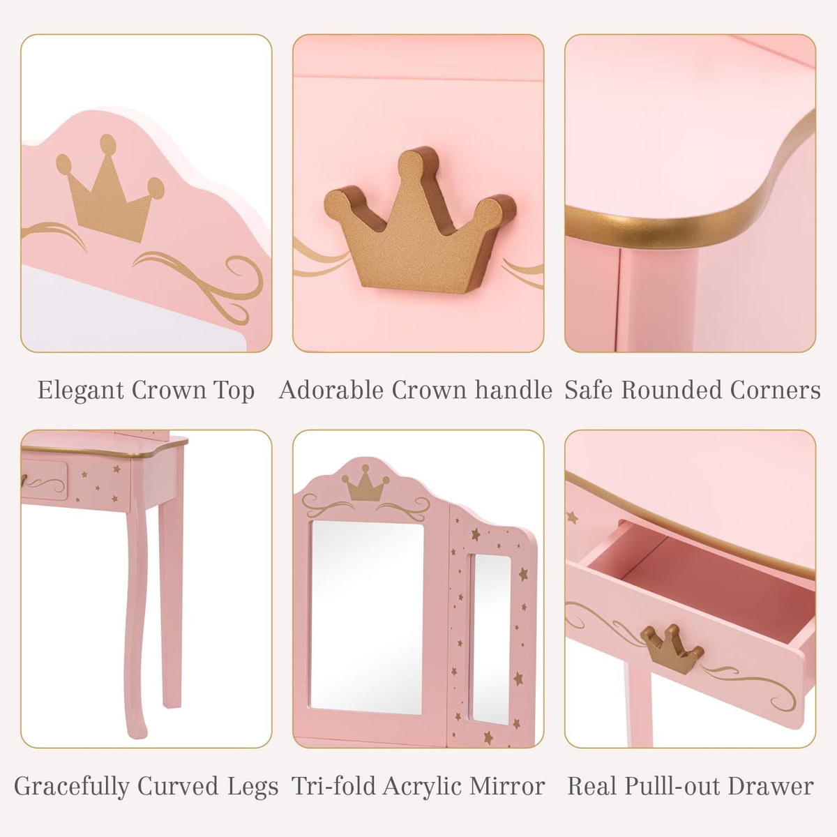UTEX Pink Crown Princess Kids Vanity Set with Drawer for Little Girls | Wooden Toddler Vanity, Kids Vanity Table and Chair Set, Crown and Star Patterns, Gold Edge Trim, Princess Style