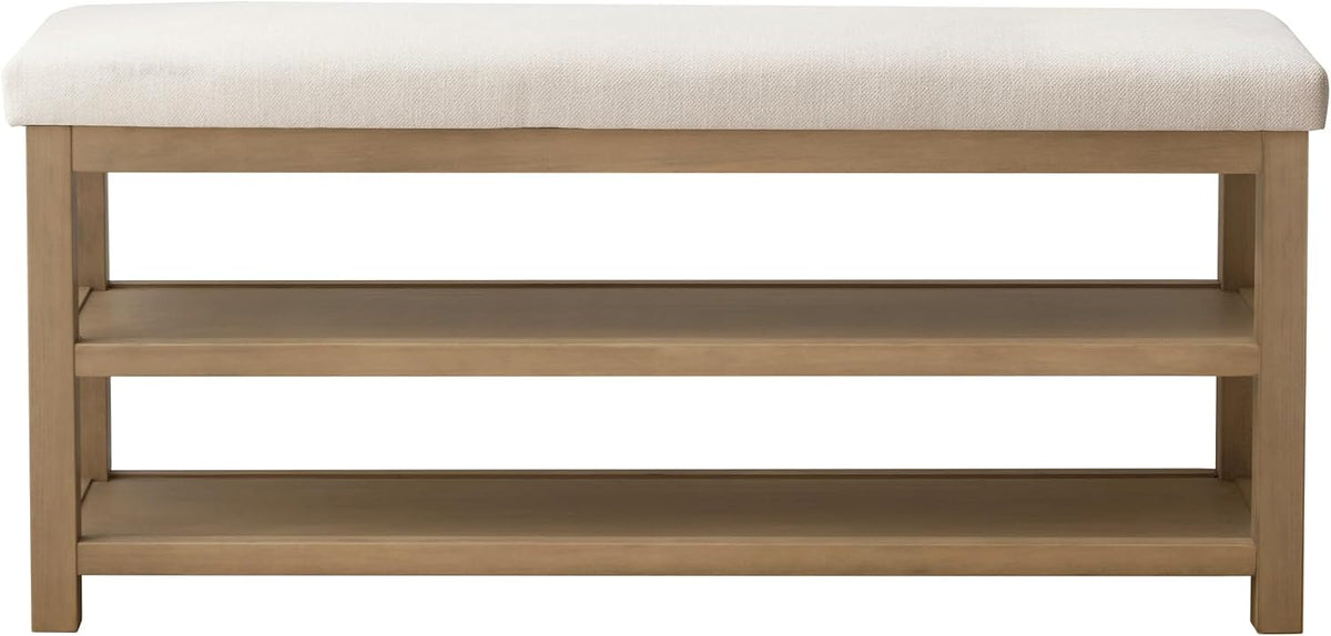 Zihanhome 2 Tier Shoe Rack Bench with Cushion, Solid Wood Shoe Benches, Mid-Century Modern Shoe Storage Bench for Entryway, Hallway, Living Room, Closet, Front Door Entrance, (Beige, 46.5")