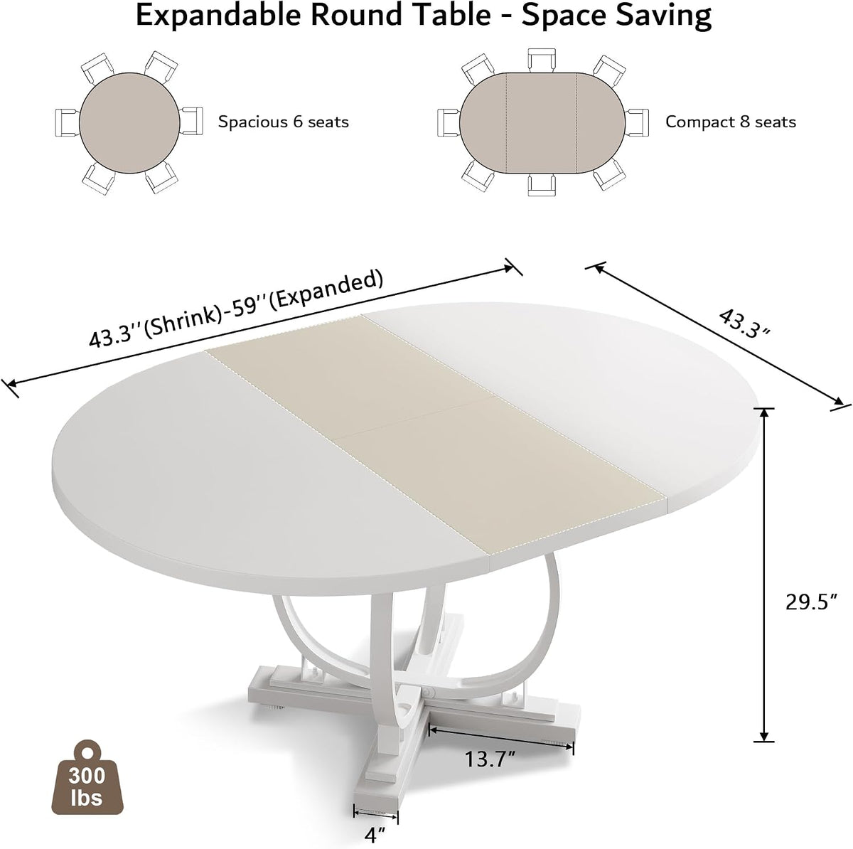 iPormis 59'' Extendable Round Dining Table for 4 to 6, Kitchen Table with Sturdy X-Base Metal Legs, MDF Board with Backboard Clasp, Space Saving, Easy Assembly, Kitchen, Dining Room, White