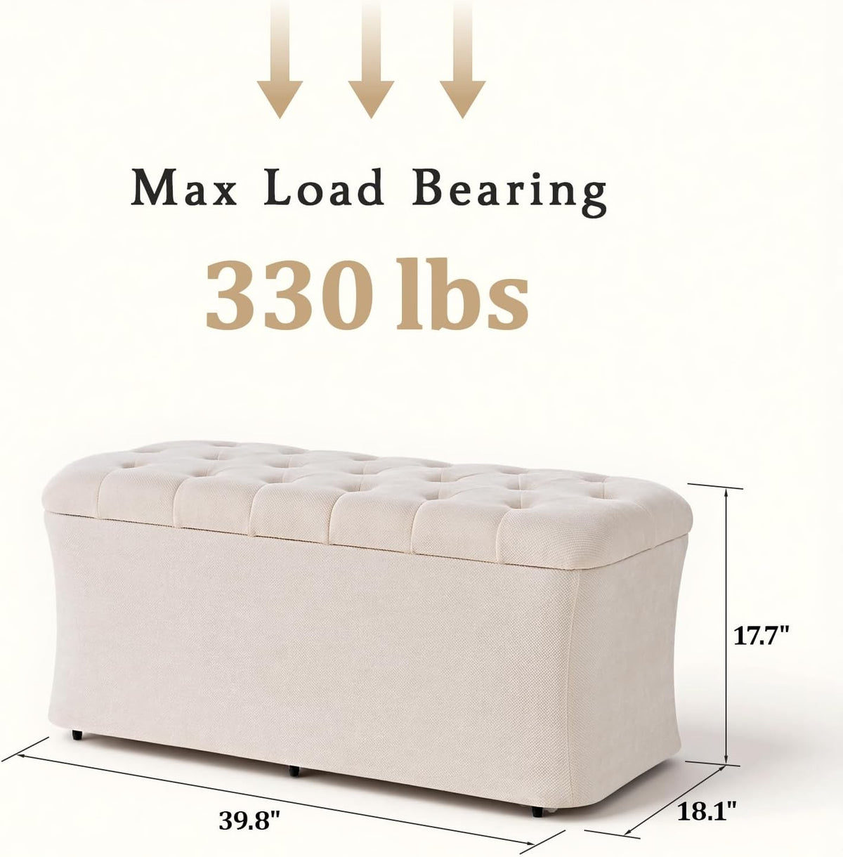 ONBRILL Storage Ottoman Bench, End of Bed Bench, 39.8 x 18.1 x 17.7 Inches Pouf Ottoman Foot Rest, Storage Benches Chest for Bedroom Entryway Living Room, Max 330 lbs, Beige
