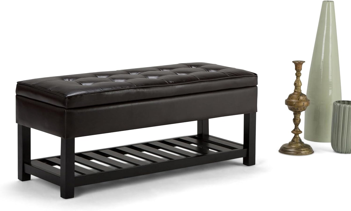 SIMPLIHOME Cosmopolitan 44" Wide Vegan Leather Storage Ottoman in Brown | Tanners brown, transitional storage ottoman bench with tufted lift-top and open shelf; rectangle footstool or footrest.