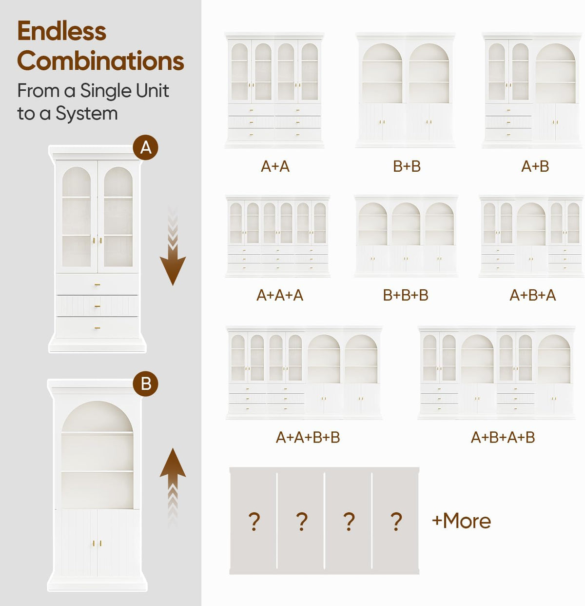 71" Arched Kitchen Modern Pantry Storage Cabinet, Tall Display Cabinet for Dining Room and Living Room with 1 Glass Door and 1 Open Shelf Cabinet with Drawers, White with Gold Handles, 2 of Set