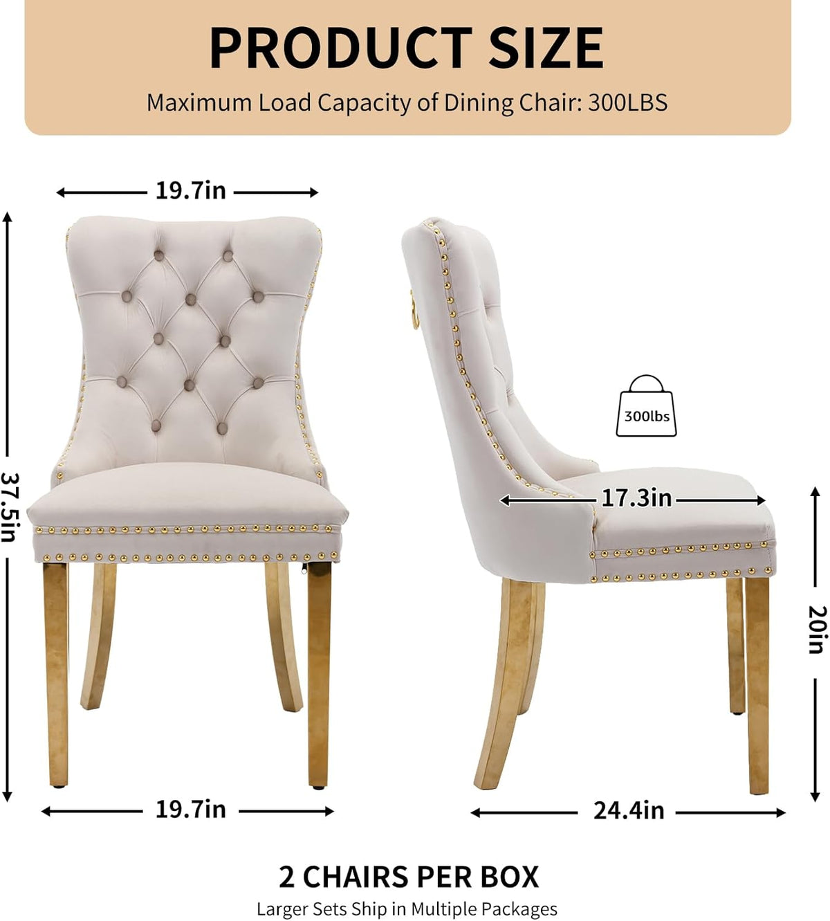 Velvet Dining Chairs Set of 4, Tufted Upholstered High Wingback Chairs with Nailhead Trim & Pull Ring, Golden Stainless Steel Legs for Dining Room, Sillas de Comedor, Beige