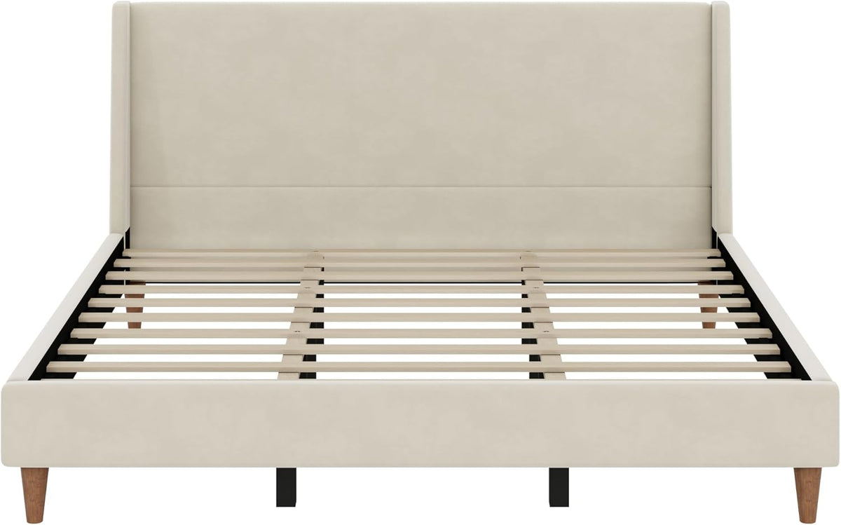 Merax King Size Velvet Bed Frame with Wingback Headboard, Upholstered Platform Bedframe with Solid Wooden Leg, Wood Slats for Bedroom, No Box Spring Needed, Easy Assembly, Modern Luxury Style, Beige