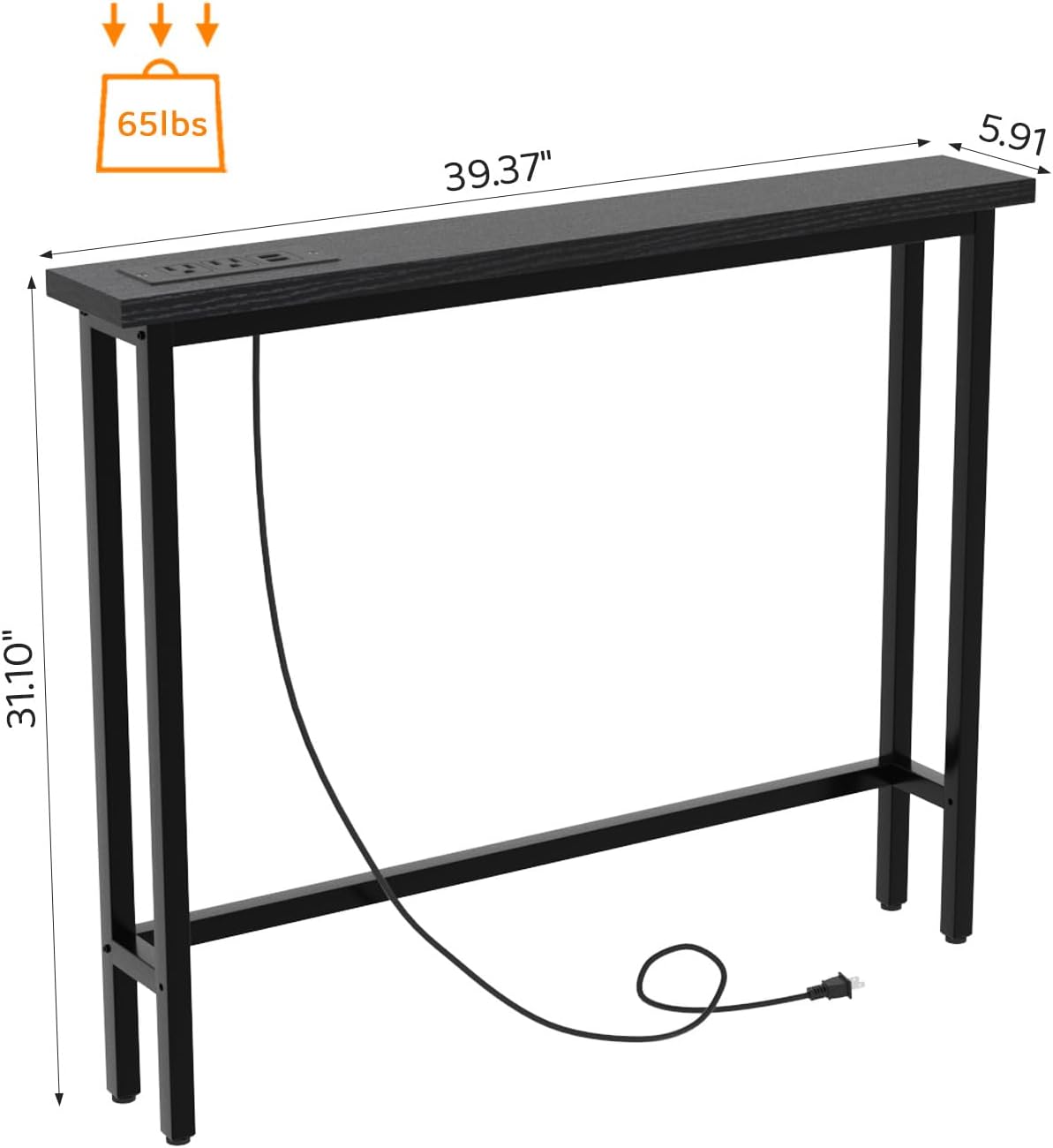 VINGLI 39" Console Table with Charging Station, 5.9" Narrow Sofa Table Behind Couch, Entryway Table with Power Outlet & 4.9 Ft Extension Cord & Adjustable Feet, for Living Room, Hallway, Black