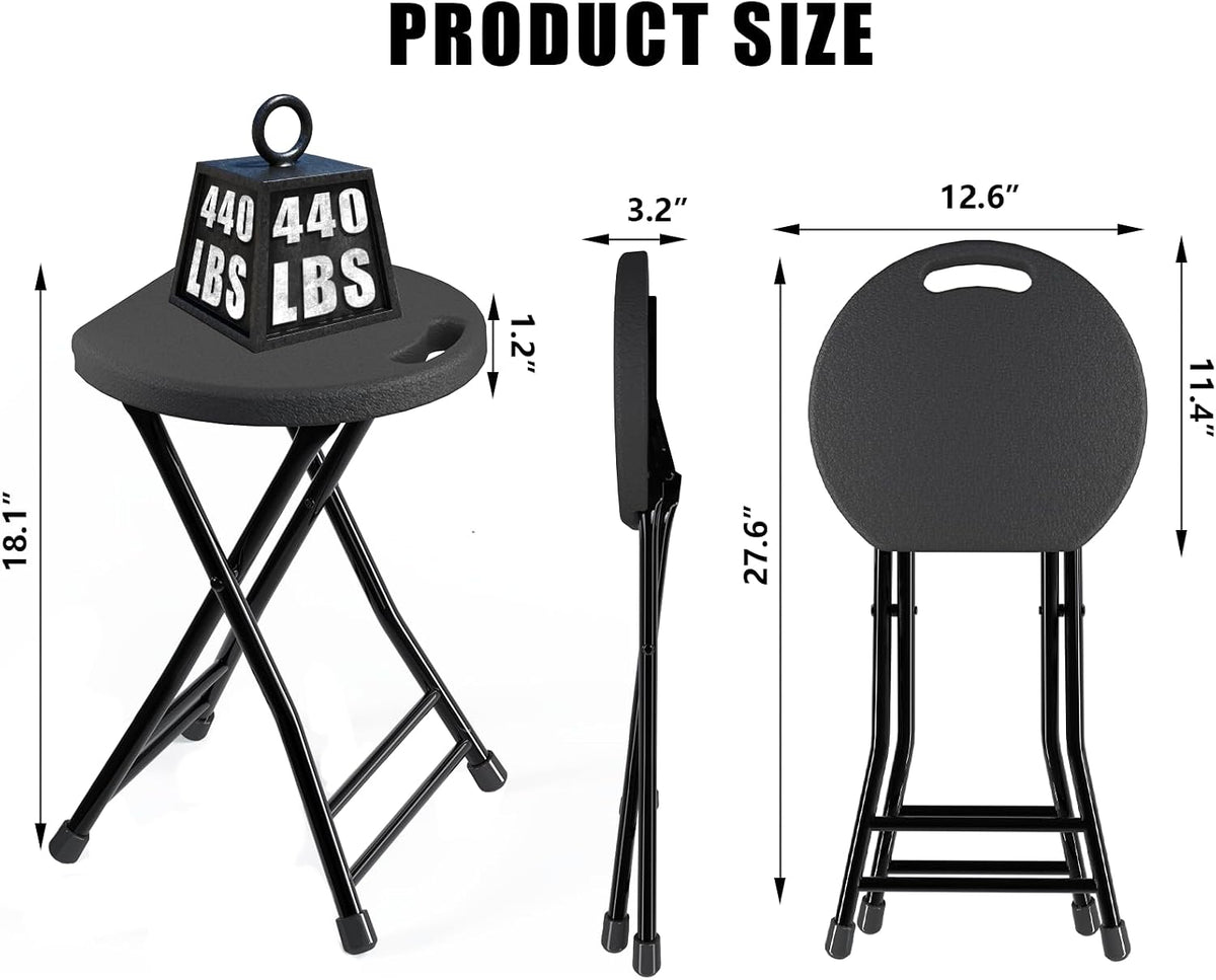 Folding Stool, 18 Inch Foldable Stool with Handle & Steel Frame, Pack of 2 Folding Bar Stools, 440lbs Sturdy Foldable Lightweight Metal Chair for Camping, Indoor and Outdoor, Black