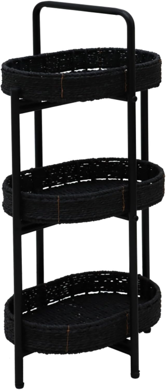 3 Tier Handwoven Oval Side Table Storage Basket with Detachable Trays | Woven Paper Rope Organizer for Living Room Bedroom Kitchen | Sturdy Metal Frame Tiered Shelf for Home Decor (Black)