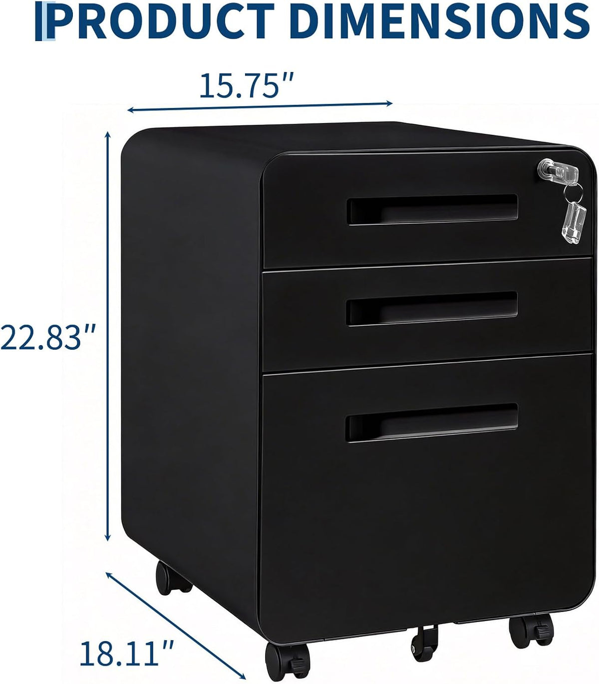3 Drawer File Cabinet with Lock, Mobile Metal Filing Cabinet for Letter/Legal/A4 Size, Under Desk Rolling Office Storage Cabinet, Fully Assembled, Black
