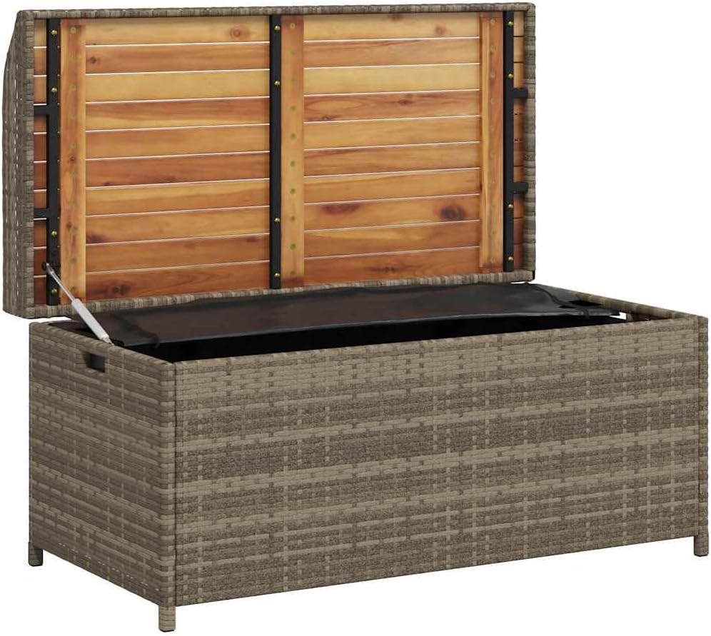 Patio Storage Bench Gray 39.4x19.7x20.5 Inches Poly Rattan and Acacia Wood Outdoor Seat with Waterproof Bag and Gas Spring