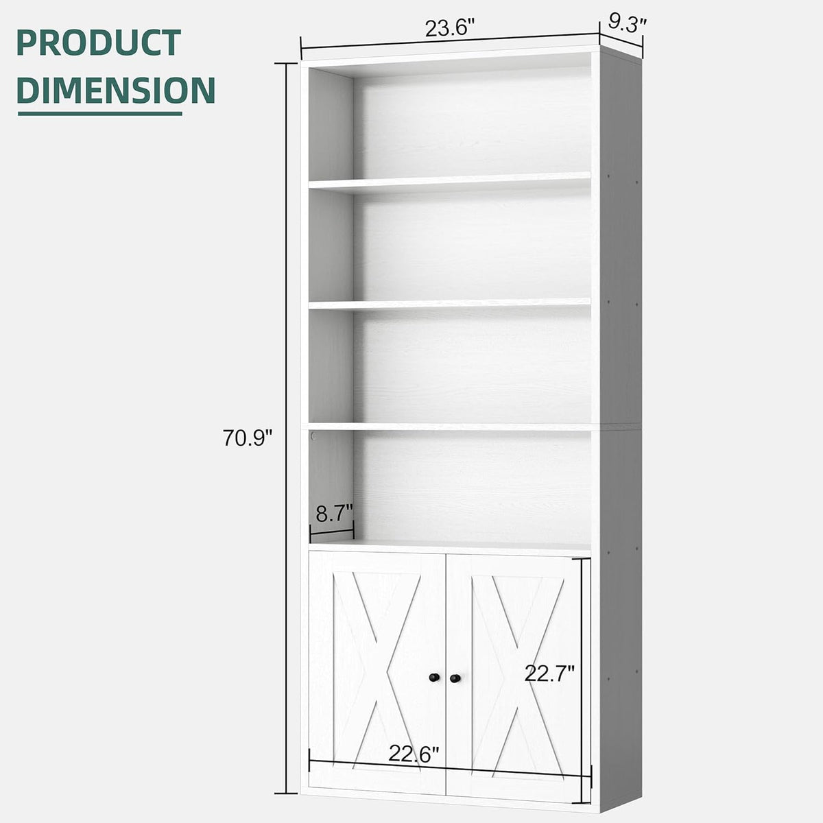 Shintenchi Bookshelf, Industrial Bookshelves and Bookcases with Doors Floor Standing 6 Shelf Display Storage Shelves 70.6 inches Tall Bookcase for Home Office, Living Room (White)
