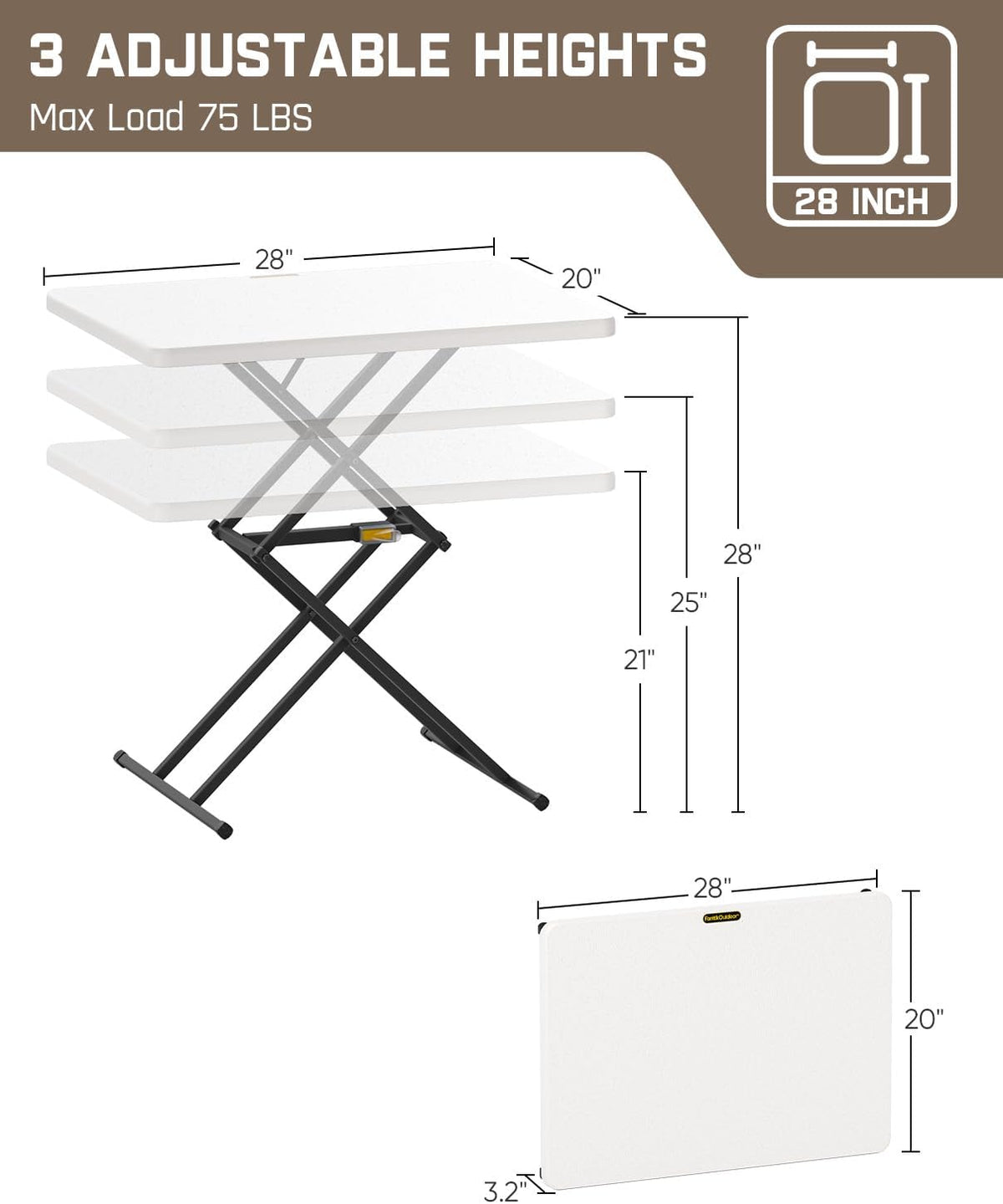 FanttikOutdoor Small Folding Table Quick Adjust 3 Heights, TV Tray, Dining | 2-Second One-Handed Adjustable Height, Foldable Laptop Desk, 3.2" Folded, No Assembly, 28 inch, 1 Pack, White Zeta X1 Pro