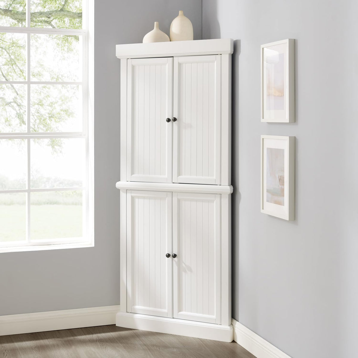 Maykoosh Tall Corner Pantry Cabinet - Modern Kitchen Storage, 2 Stackable Pantries, White, Space Saving