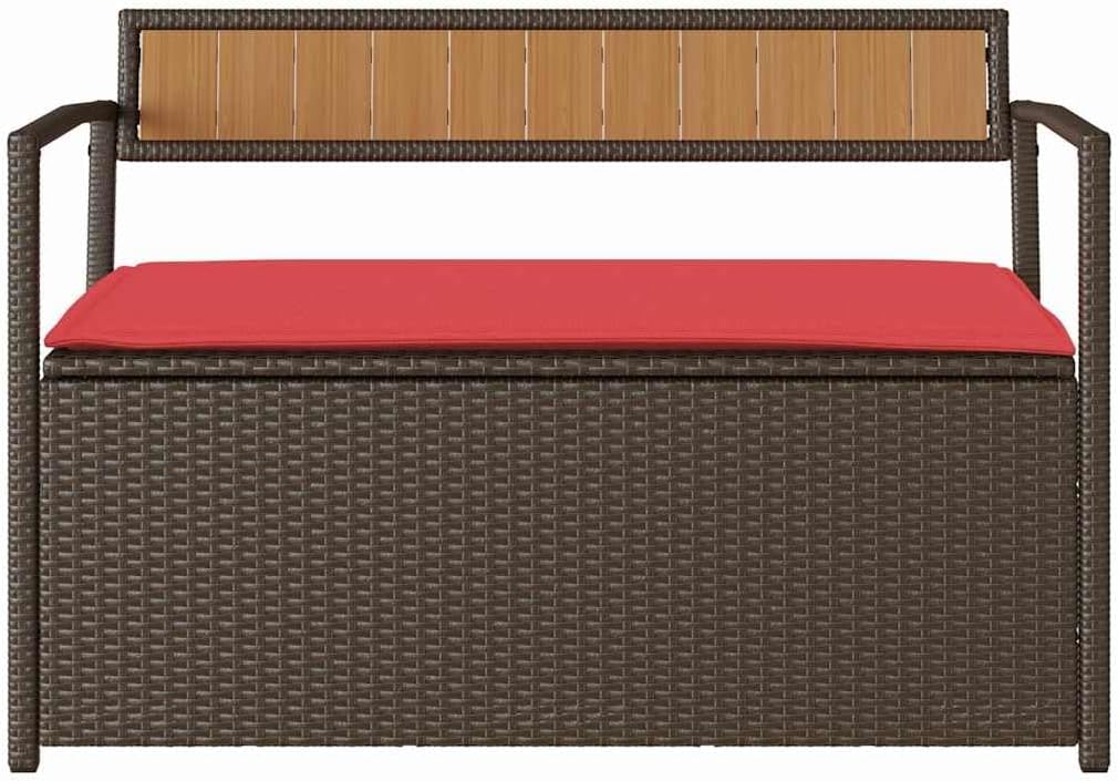 Brown Poly Rattan Patio Storage Bench with Cushion, Outdoor Seat with Waterproof Storage Bag and Gas Spring Lid