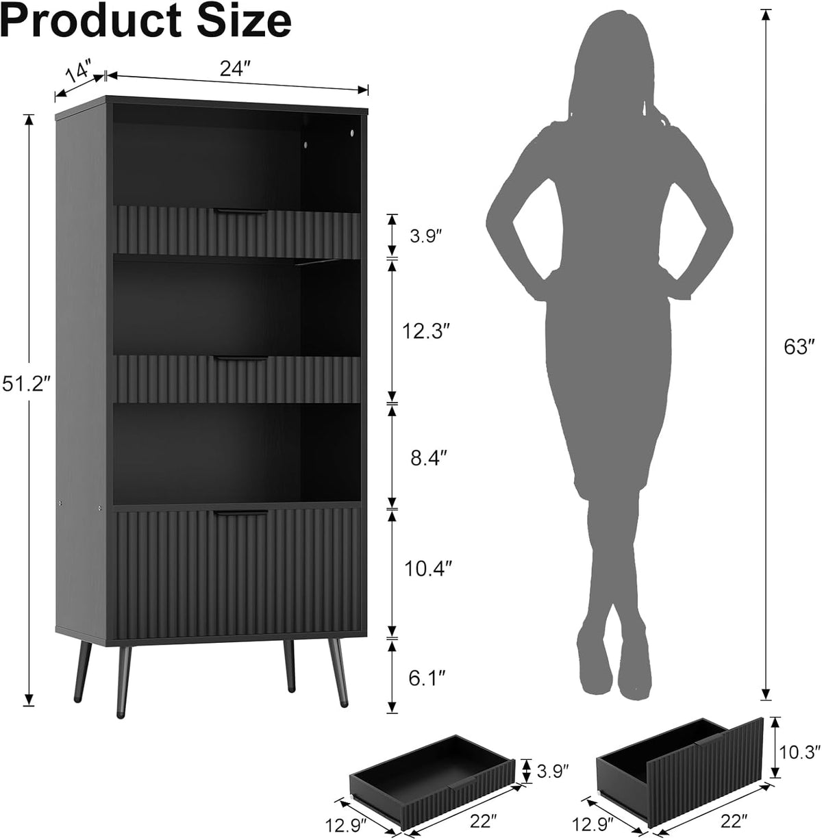 Bathroom Storage Cabinet Set of 2, 47.2" Wide 5-Tier Freestanding Pantry Cabinet with 6 Extra-Large Drawers & 2 Open Shelves, Fluted Floor Organizer Cupboard for Kitchen, Living Room, Anti-Tip, Black