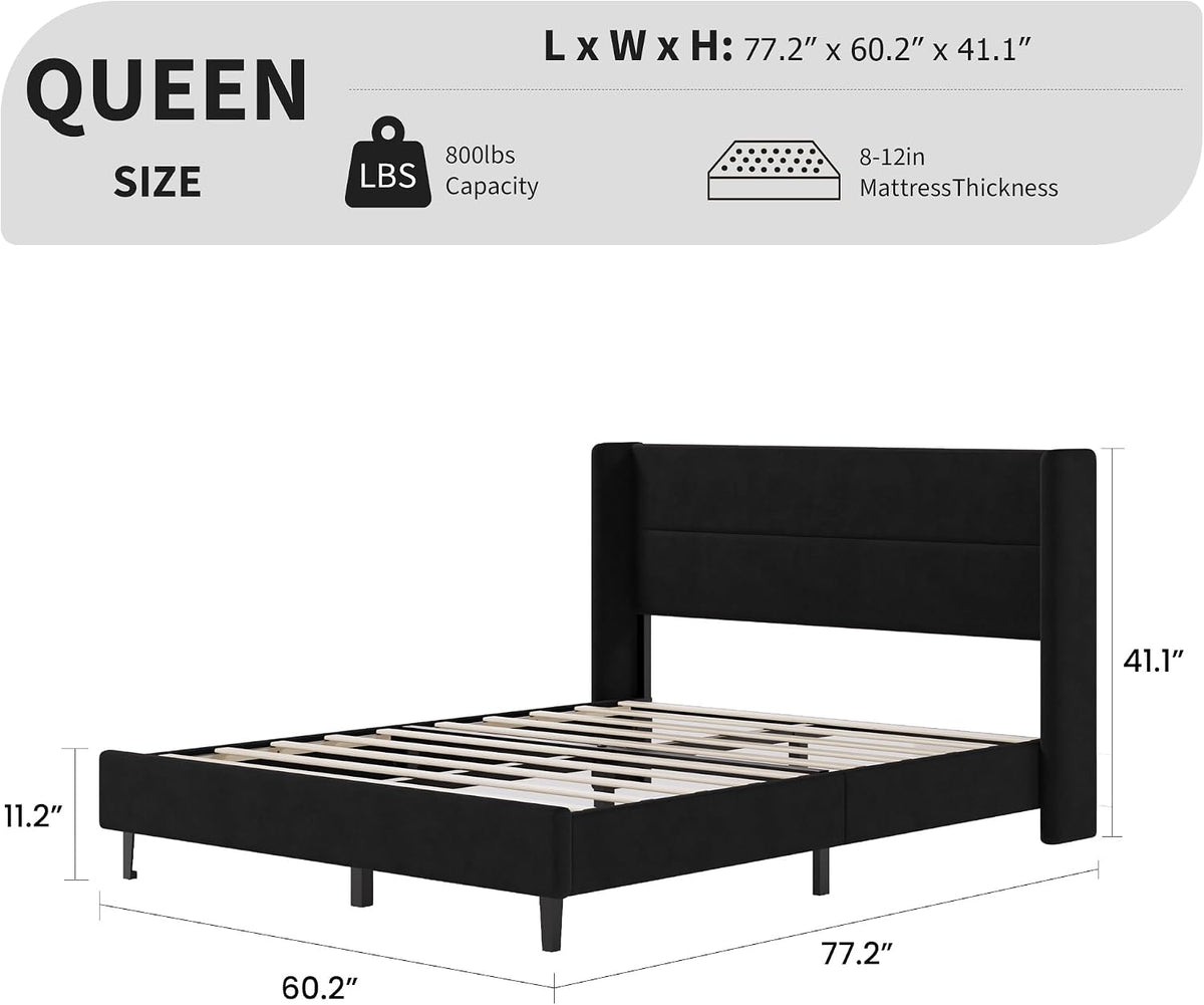 GarveeHome Queen Bed Frame with Wingback Headboard, Velvet Upholstered