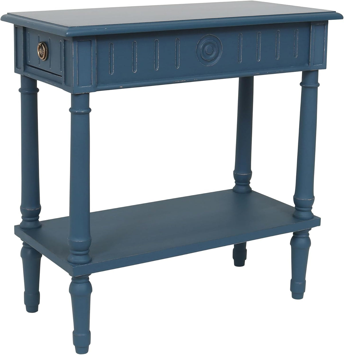 East at Main Handmade Solid Wood Narrow End Table with Drawer, Slim Blue Side Table for Bedroom, Living Room, or Entryway, Farmhouse Accent Furniture with Shelf and Turned Legs