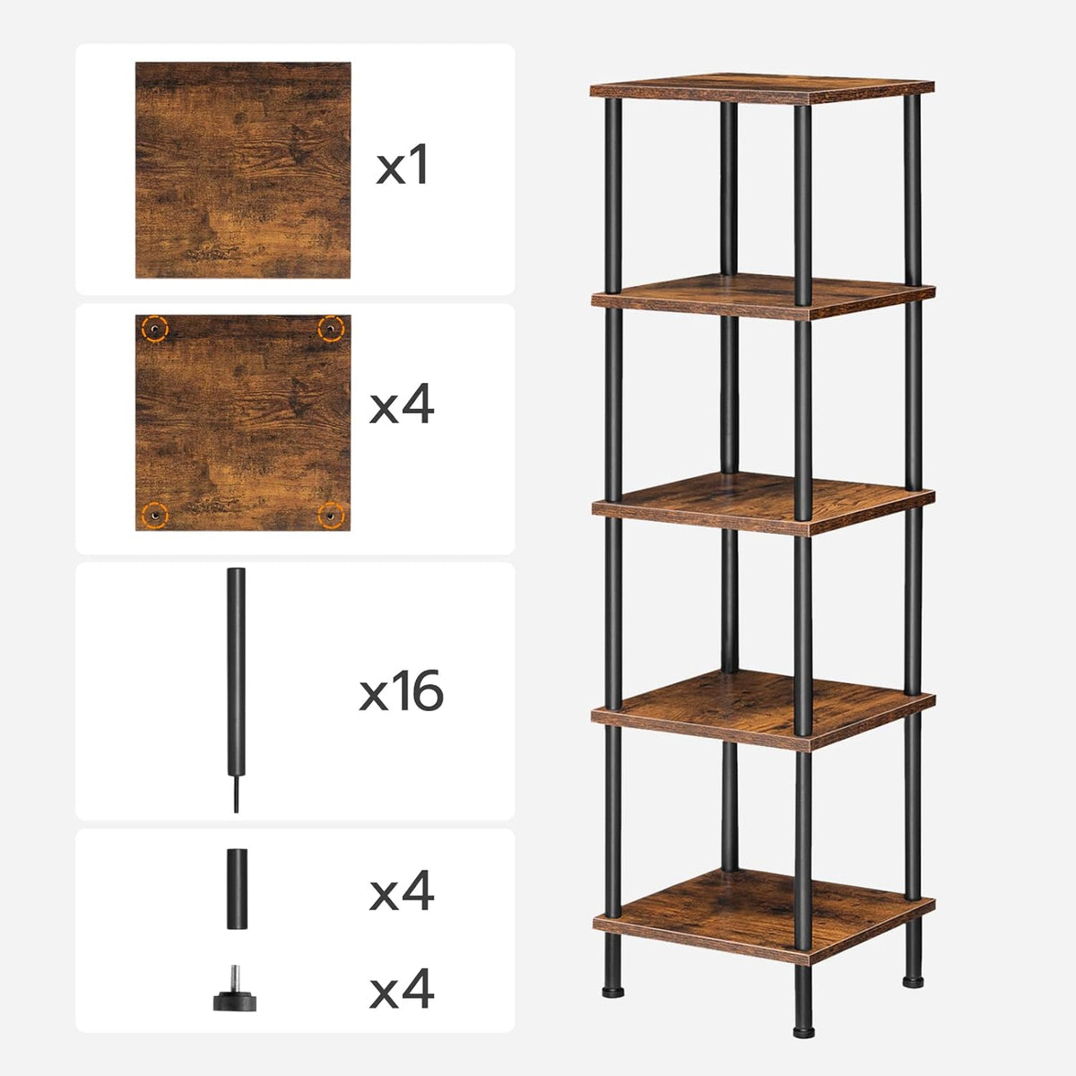 HOOBRO 5-Tier Corner Shelf Stand, Corner Square Rack Display Shelf, Tall Storage Plant Stand, Bookcase for Small Spaces, Living Room, Home Office, Kitchen, Rustic Brown and Black BF50CJ01