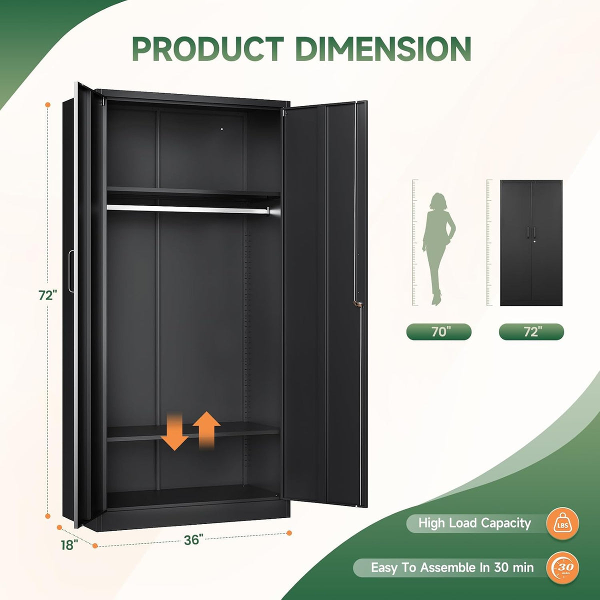 Letaya Metal Wardrobe Cabinets with Lock,Clothing Locker 72" X 36" X 18" Storage Cabinets for Home Room,Fire Department, School, Employee,Gym,Government (Black)