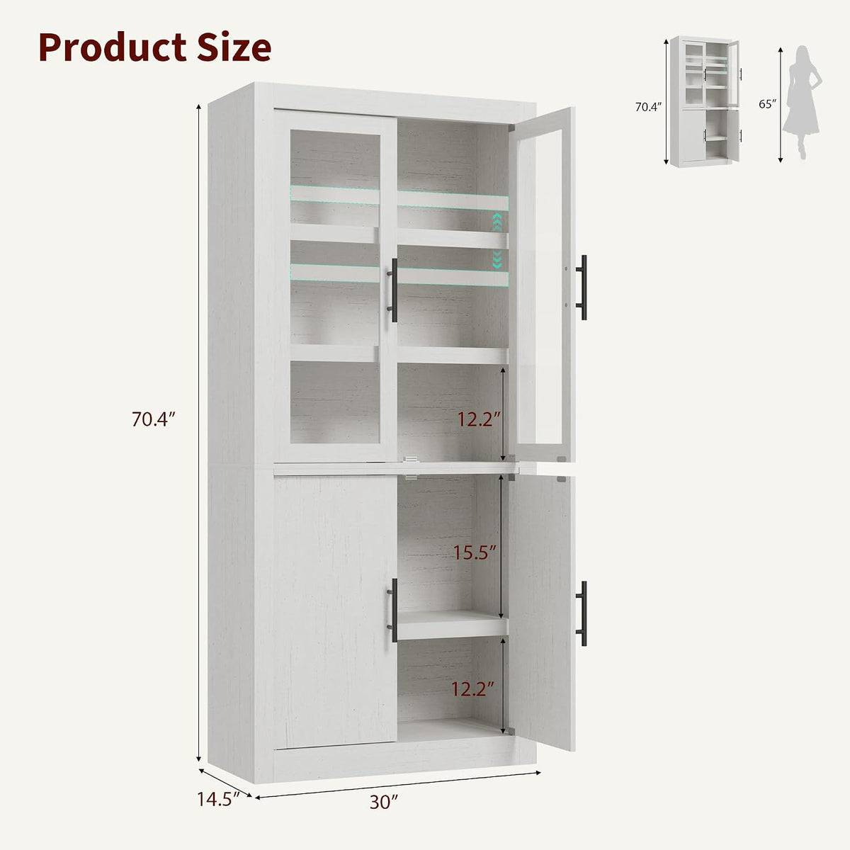 Garvee Tall Kitchen Pantry Cabinet, Farmhouse Wood Storage Cabinet with 4 Doors and Adjustable Shelves, Sturdy Frame, 70.45" Large Office Bookcase Cabinets for Kitchen, Dining, Office, Rustic White