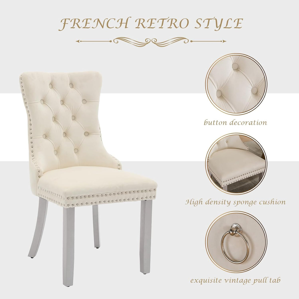 LKTART Dining Chairs Set of 6 Mid-Century Modern Chairs with Pull Ring, Velvet Upholstered Dining Chair with Wooden Legs Nailhead Trim for Kitchen Bedroom Dining Room (Beige)
