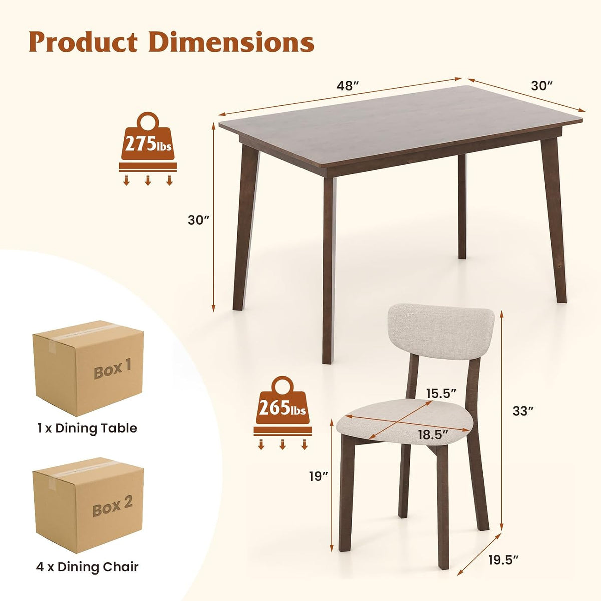 GOFLAME 5-Piece Dining Table Set for 4, Farmhouse Kitchen Table & 4 Upholstered Chairs with Rubber Wood Frame, Padded Seat, Curved Backrest, Space-Saving Dinette Set for Dining Room, Small Space