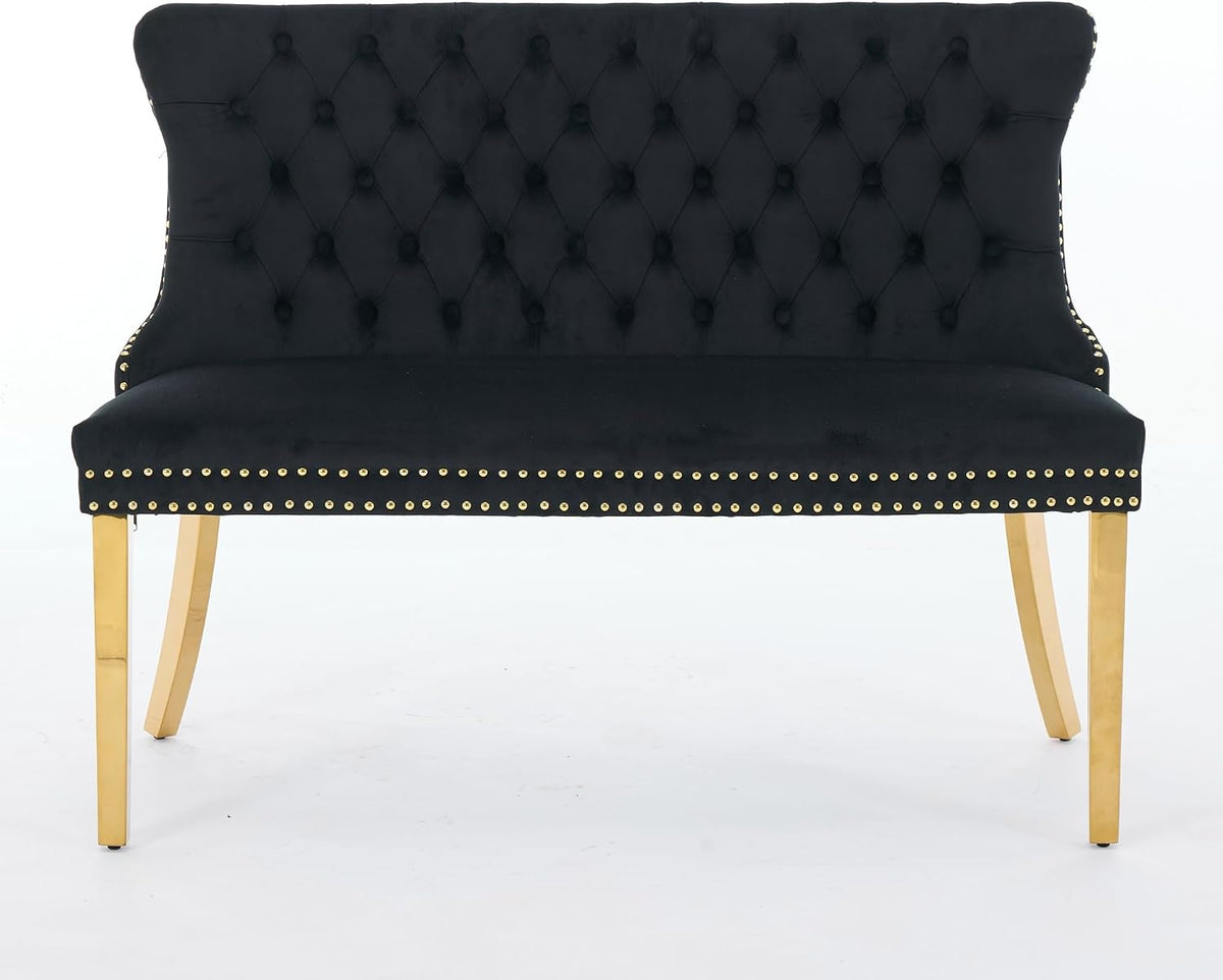Modern Loveseat Settee Bench Sofa Couch, 46" Dining Bench with Wing Back,Nailhead Trim,Gold Stainless Steel Legs, Upholstered Banquette Entryway Bench for Dining Living Room Hallway Entryway,Black