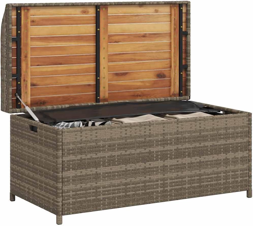 Poly Rattan Storage Bench with Acacia Wood Frame, Grey and Brown Outdoor Seating with Gas Spring Lid, Water-Resistant Patio Storage for Cushions and Tools