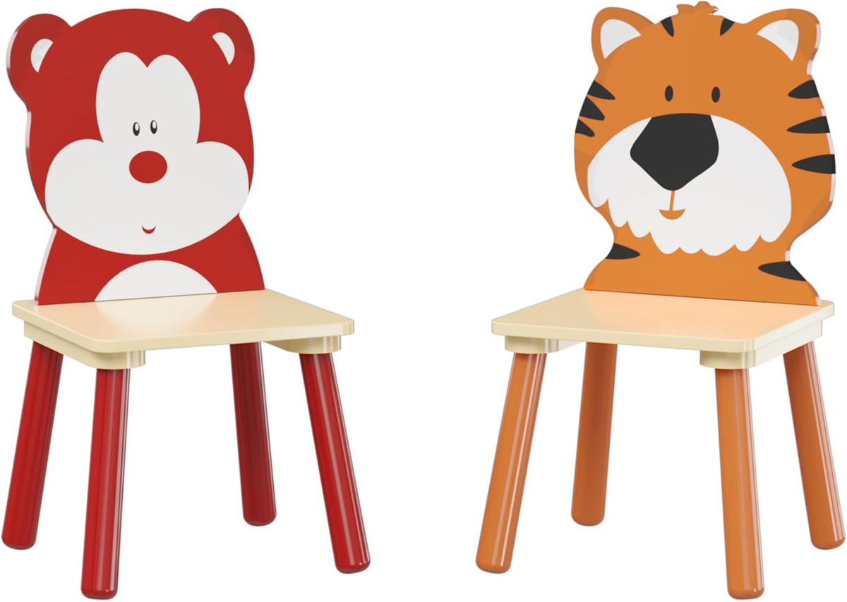 3 Pieces Table and Chair Set, Tiger & Bear Pattern Activity Play Set with Solid Wood Legs, Wooden Furniture for Playroom, Daycare & Kindergarten