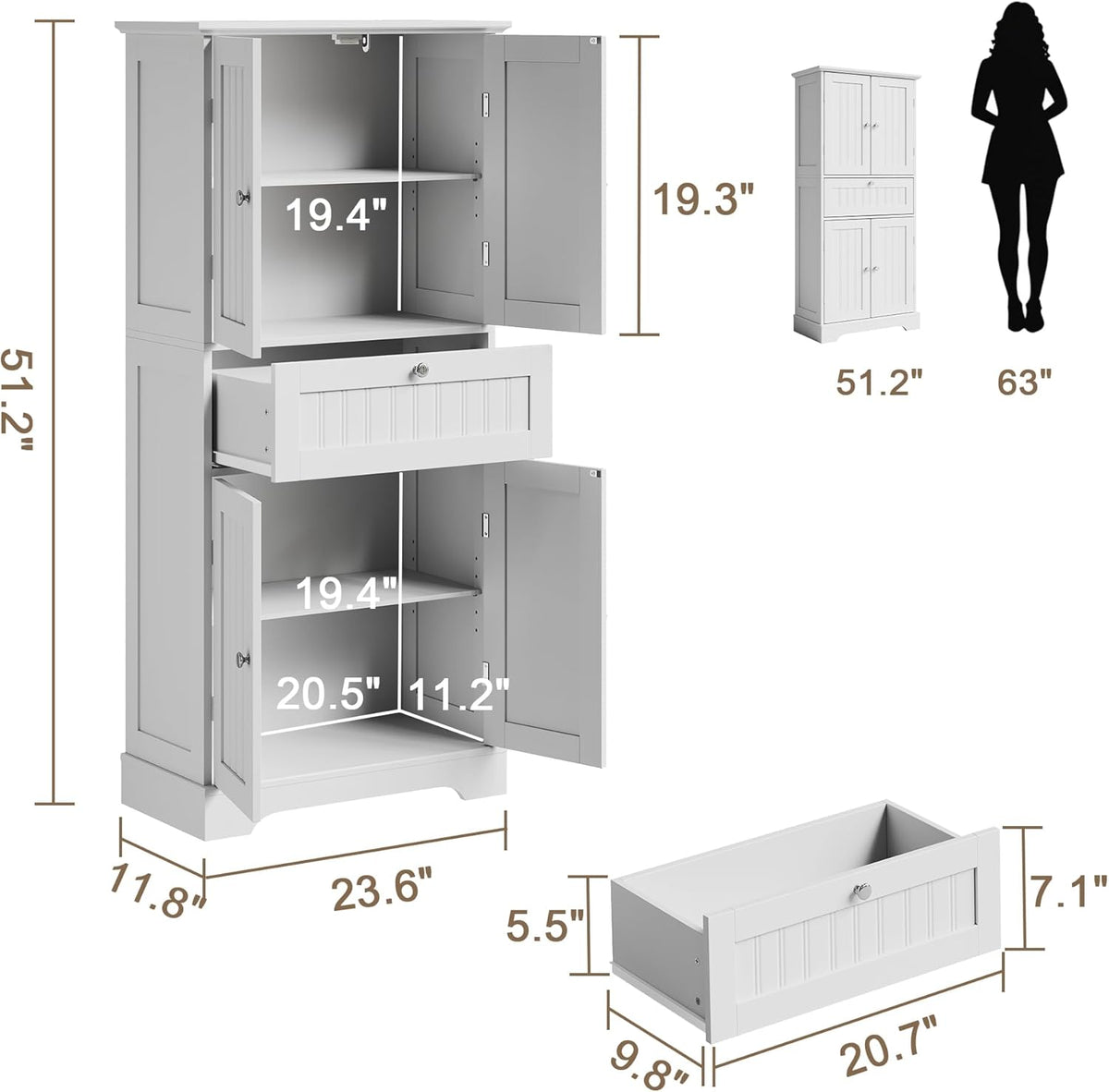 ChooChoo 51" H Bathroom Floor Cabinet with Drawers and Adjustable Shelves | Bathroom Storage Cabinet, Freestanding Kitchen Pantry Cupboard with 4 Doors for Living Room, White