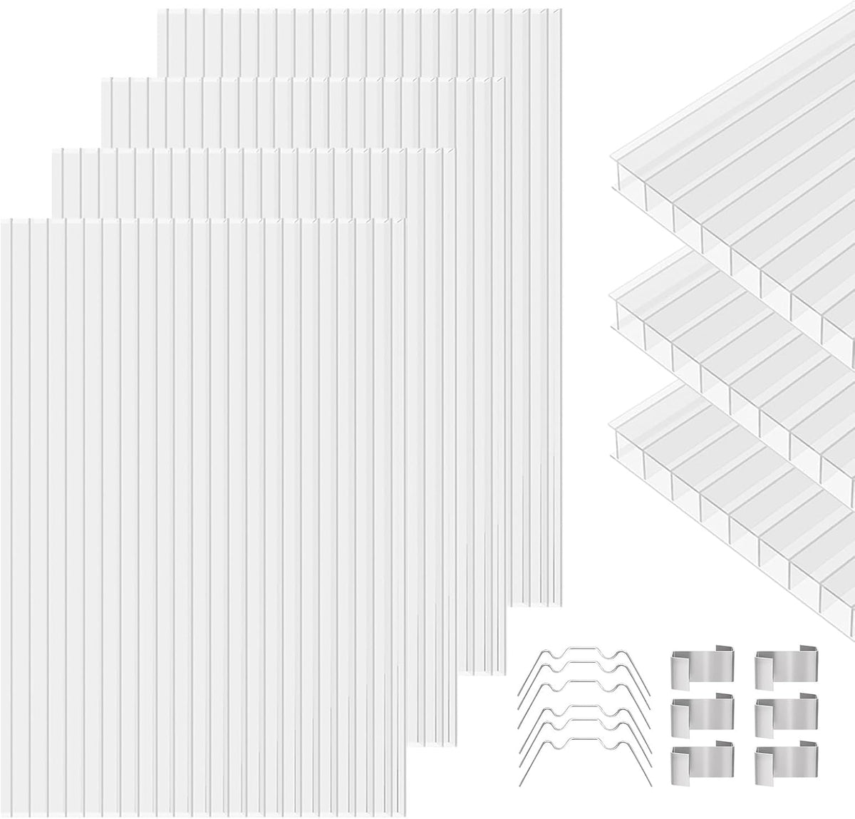 Polycarbonate Greenhouse Panels 5 Pack 4' x 2' x 0.24" Twin-Wall UV-Protected All Weather Plastic Roof Panel Clear Replacement Sheets for Garden Fences, Furniture DIY,Outdoor Roofing