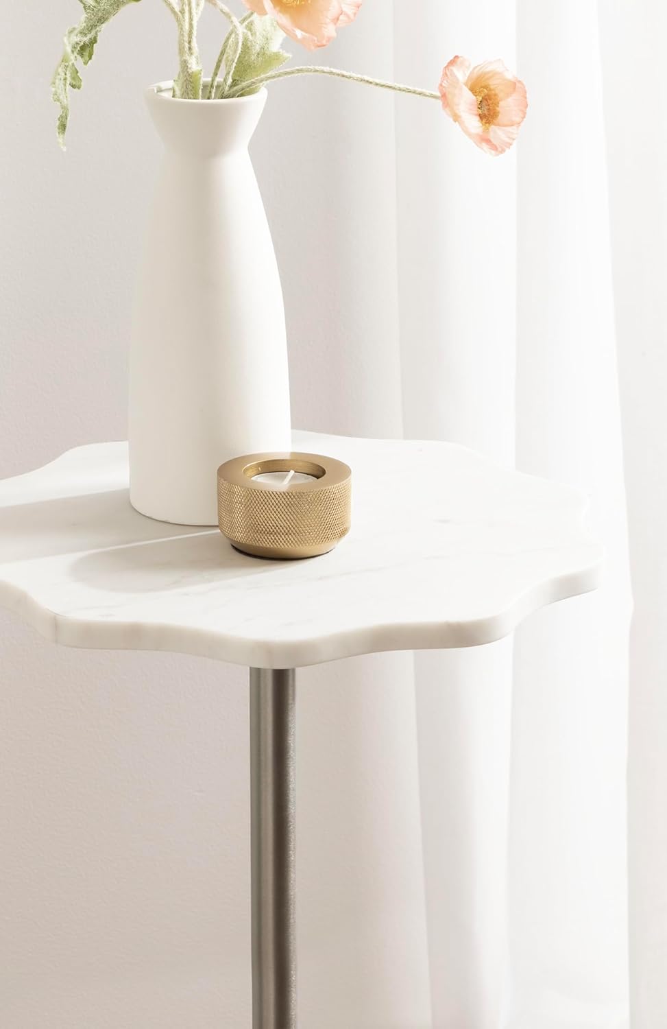 Kate and Laurel Sanzo Modern Pedestal Round Side Table, 14 x 14 x 24, White Marble and Silver, Decorative Circle End Table with Scalloped Marble Tabletop for Indoor Plant Stand or Bedroom Nightstand