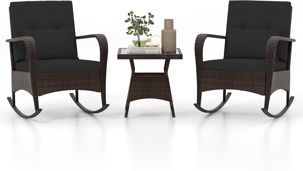 Tangkula 3 Pieces Rocking Bistro Set, Patiojoy Outdoor PE Rattan Rocker Chairs with Removable Cushions & Tempered Glass Top Coffee Table, Outdoor Wicker Furniture Set for Porch, Garden (Black)