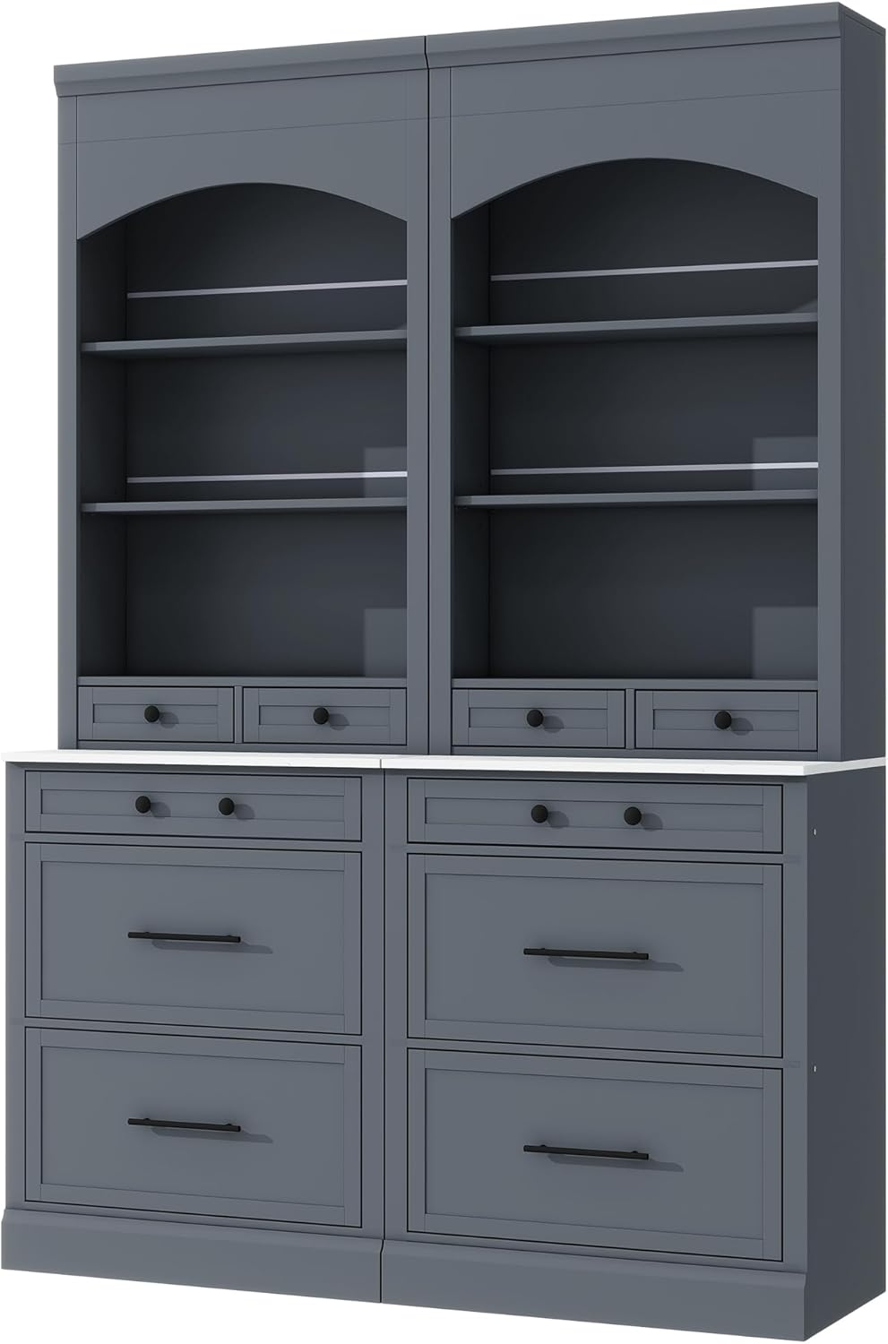 Merax Modern 83.7inch Freestanding Kitchen Hutch with Faux Marble Top, Kitchen Pantry with 5 Storage Drawers and Adjustable Shelf, Set of 2, Gray
