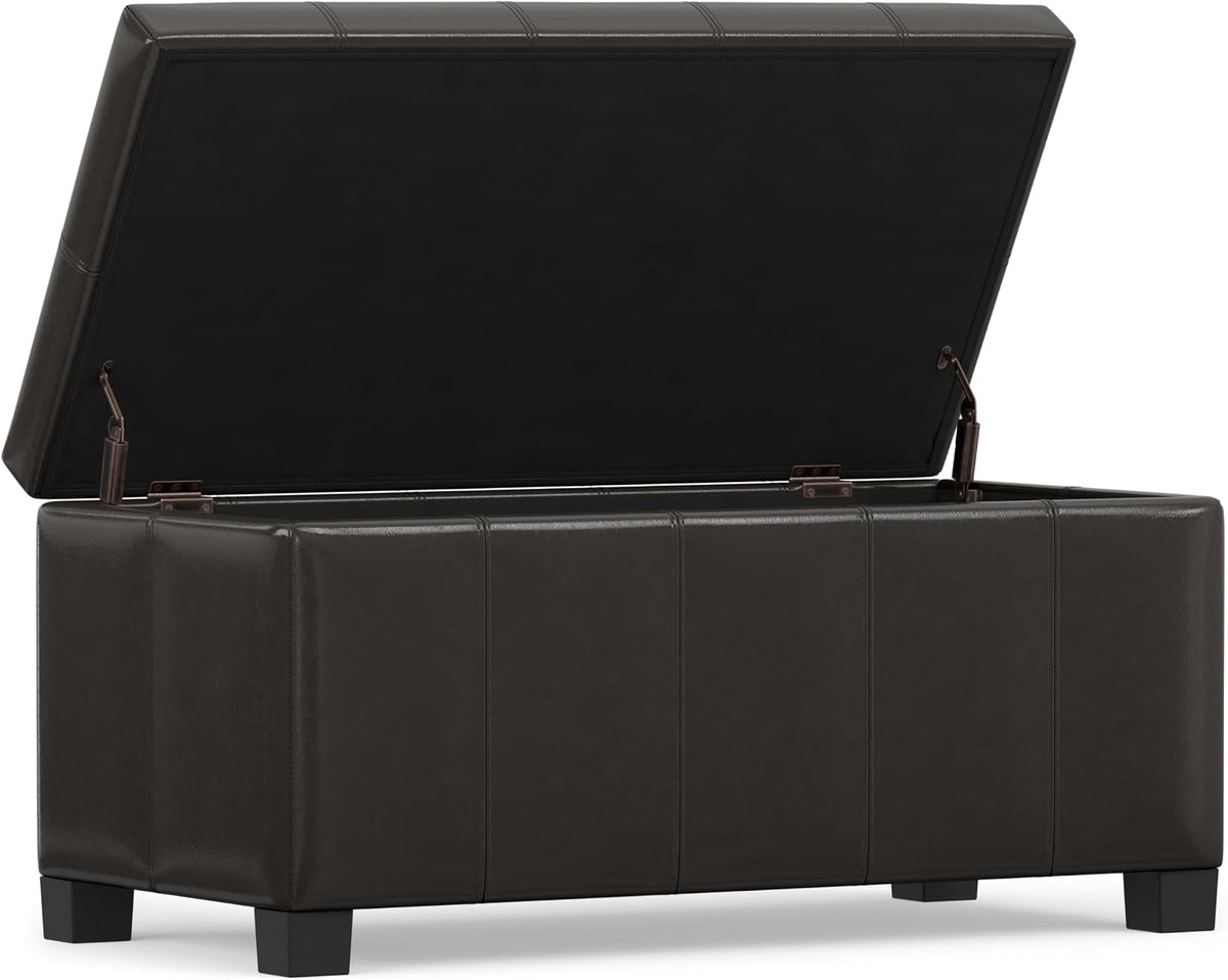 SIMPLIHOME Dover 36" Wide Vegan Leather Storage Ottoman in Tanners Brown | Contemporary ottoman with lift-top and safety hinges; upholstered rectangle storage bench for living room and entryway.
