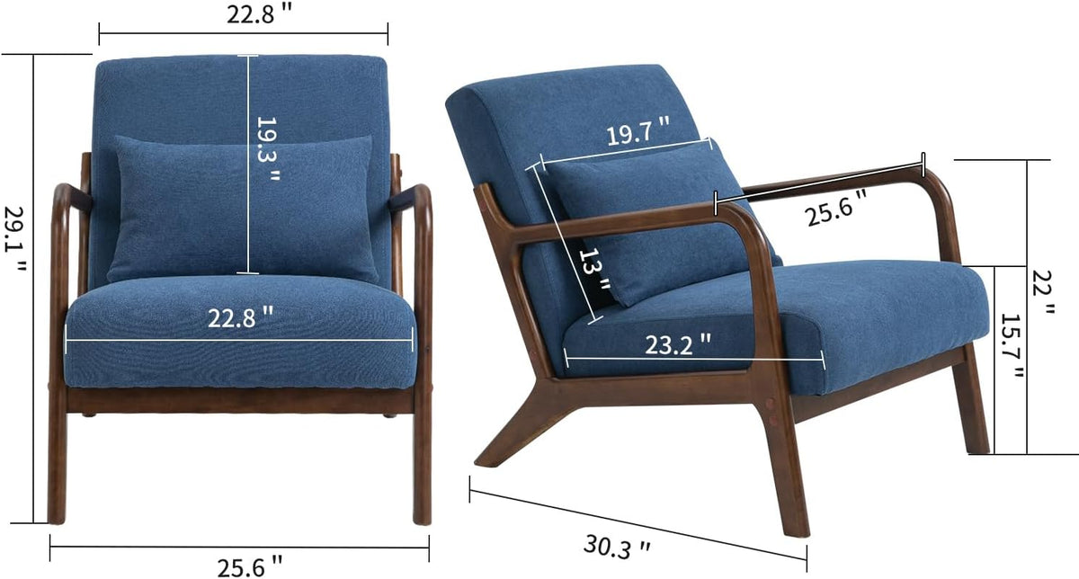 Komene Mid Century Modern Accent Chair Sitting Chair with Solid Wood Frame, Upholstered Living Room Lounge Armchair with Waist Cushion, Comfy Reading Chair for Bedroom Sunroom Office,Blue