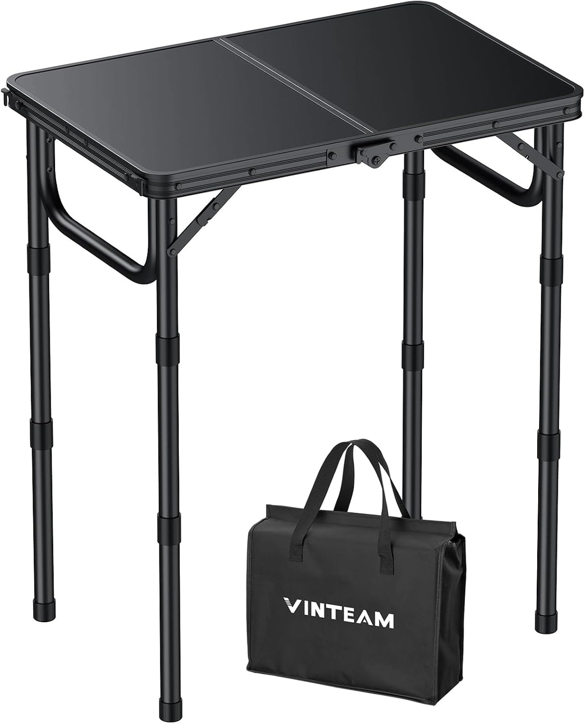 VINTEAM Camping Folding Table with Adjustable Height, Lightweight Portable Outdoor Picnic Table, BBQ Grill Side Table, Durable Aluminum Frame, MDF Desktop for Camping, Fishing, RV, Beach (Black) | Max Load 30kg MDF Surface Easy to Clean, Lightweight