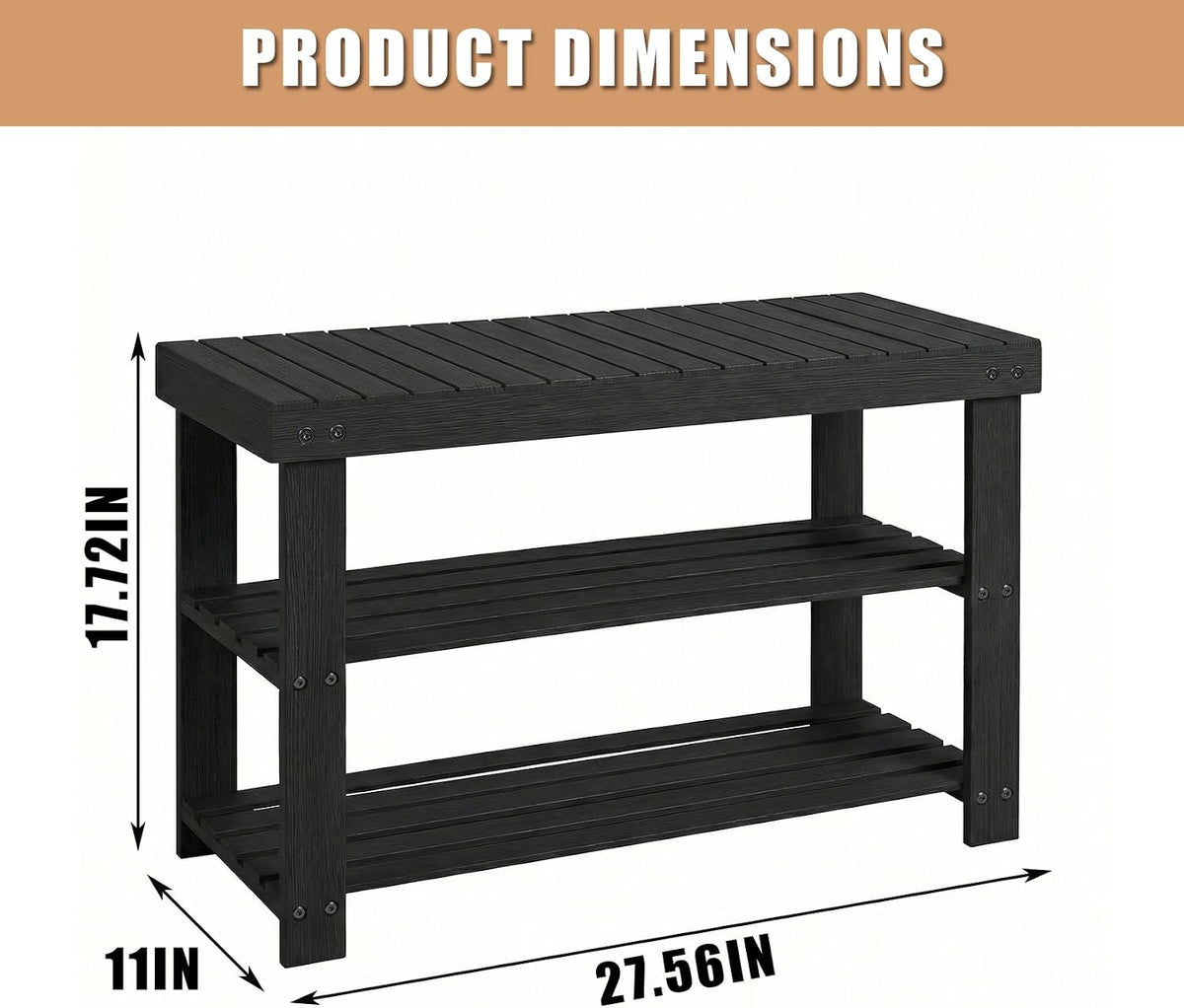 Shoe Rack Bench, 3 Tier Shoe Storage Bench, 28 Inch Bamboo Shoe Organizer, Entryway Bench Home Decor, Holds Up to 286 lb, Side Table, for Mudroom Hallway Bedroom Living Room Closet, Black