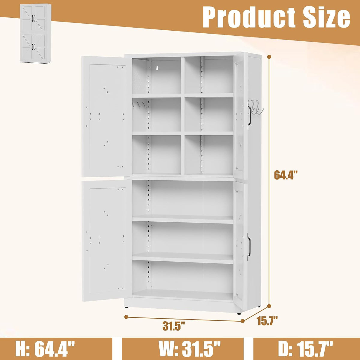 White Steel Kitchen Pantry Storage Cabinet with Adjustable Shelves, Heavy Duty Country Style Metal Storage Cabinet for Kitchen Bathroom Living Room
