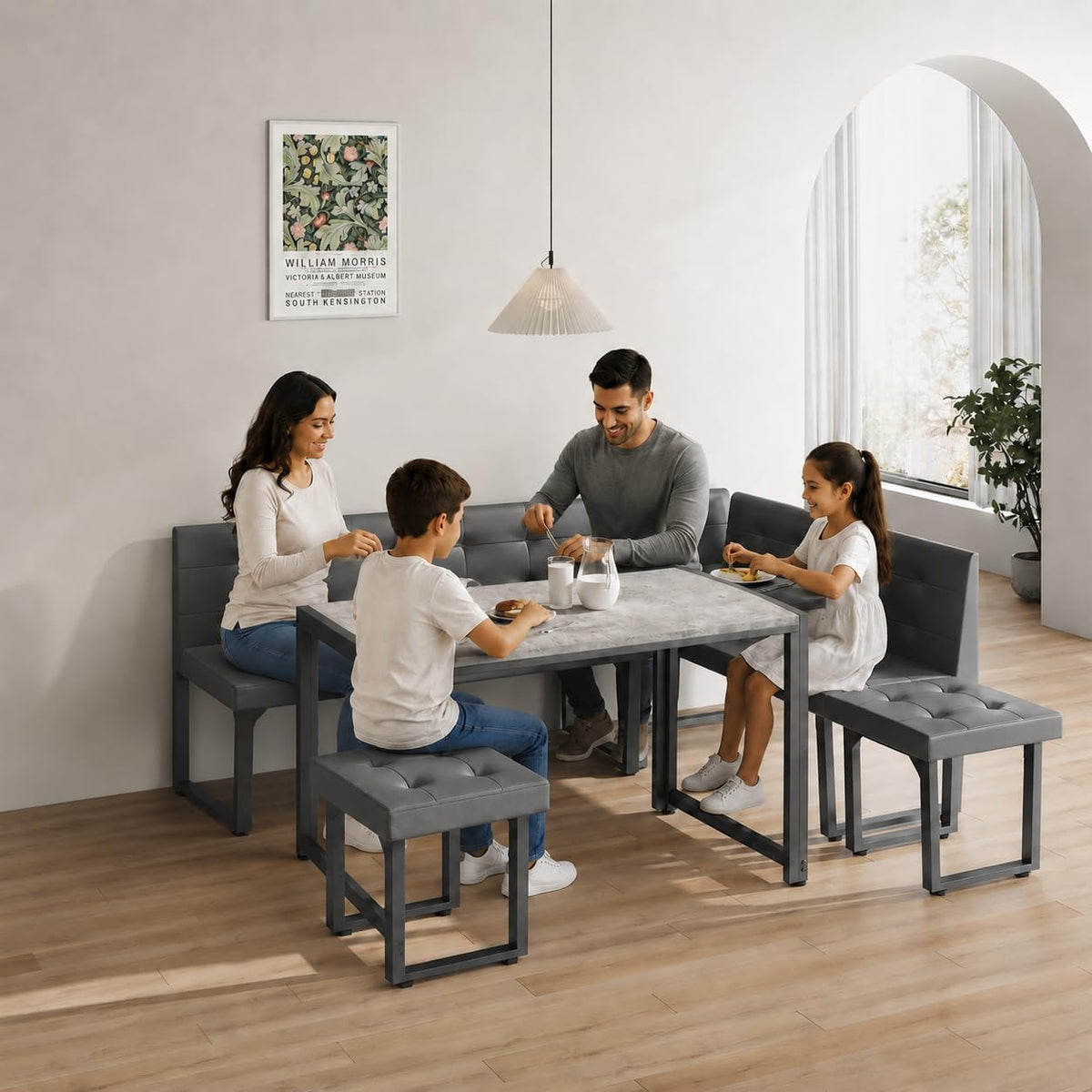 XIAO WEI Corner Dining Table Set for Small Spaces, 70 Inch Breakfast Nook with Storage Banquette, 5 Piece Dining Set with Upholstered Bench, Modern Grey