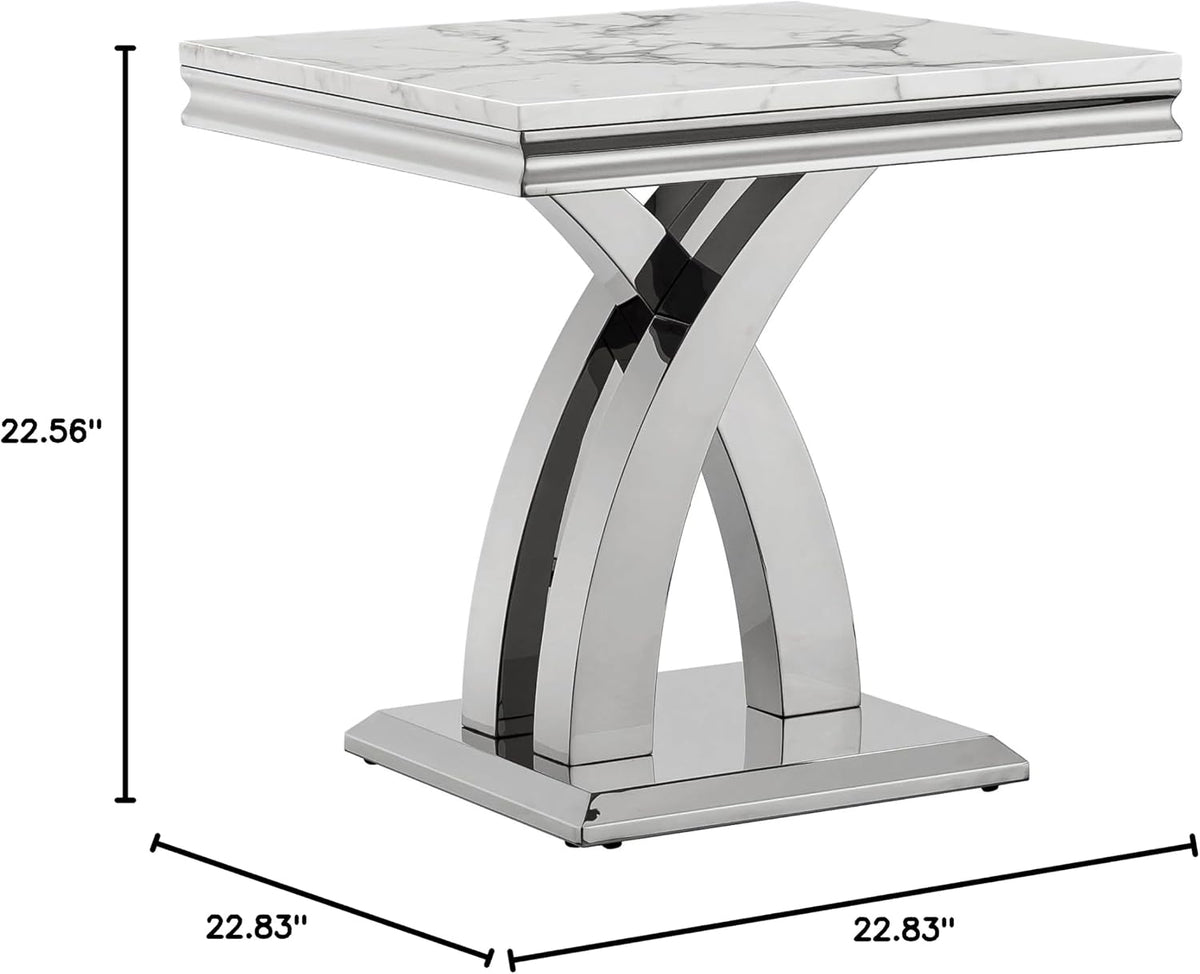 1 Piece Living Room End Table Luxury Faux Marble Sofa Side Table, Modern White Silver End Table with X-Shape Stainless Steel Pedestal Base