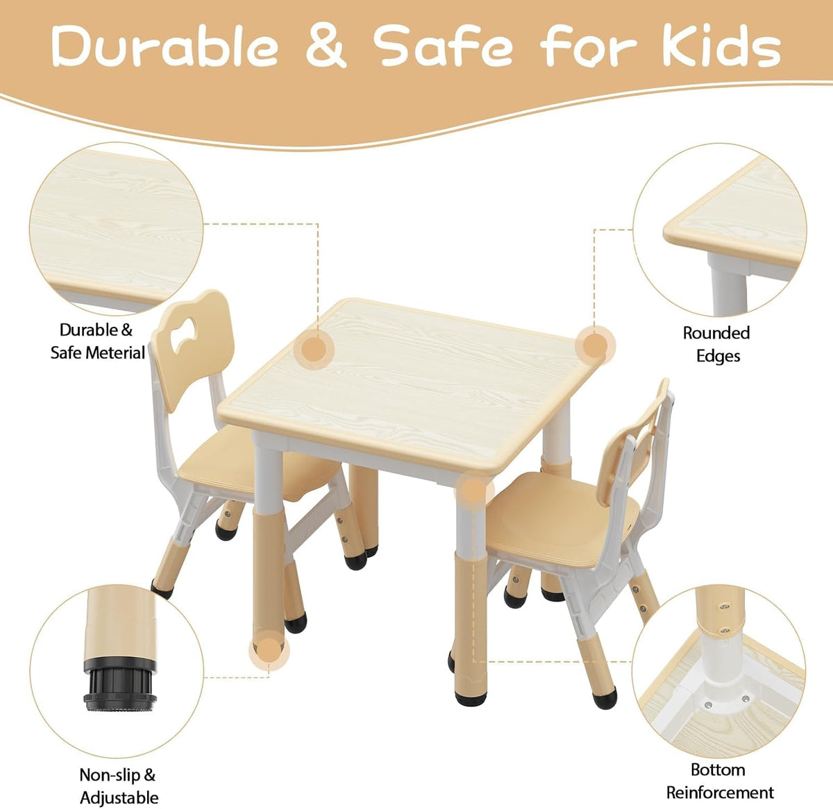 Kids Table and Chairs Set Height Adjustable Table and 2 Chairs for Toddlers | 60*60 cm Graffiti Table | Non-slip Caps | Ergonomic Chair | Rounded Corners | Suitable for Daycare, Classrooms, Home