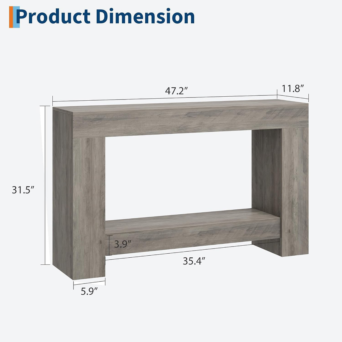 Garvee 47" Farmhouse 2-Tier Console Table for Entryway, Grey | Sofa Table with Storage, Sturdy U-Shaped Base, Long Entryway Table for Living Room, Easy Assembly