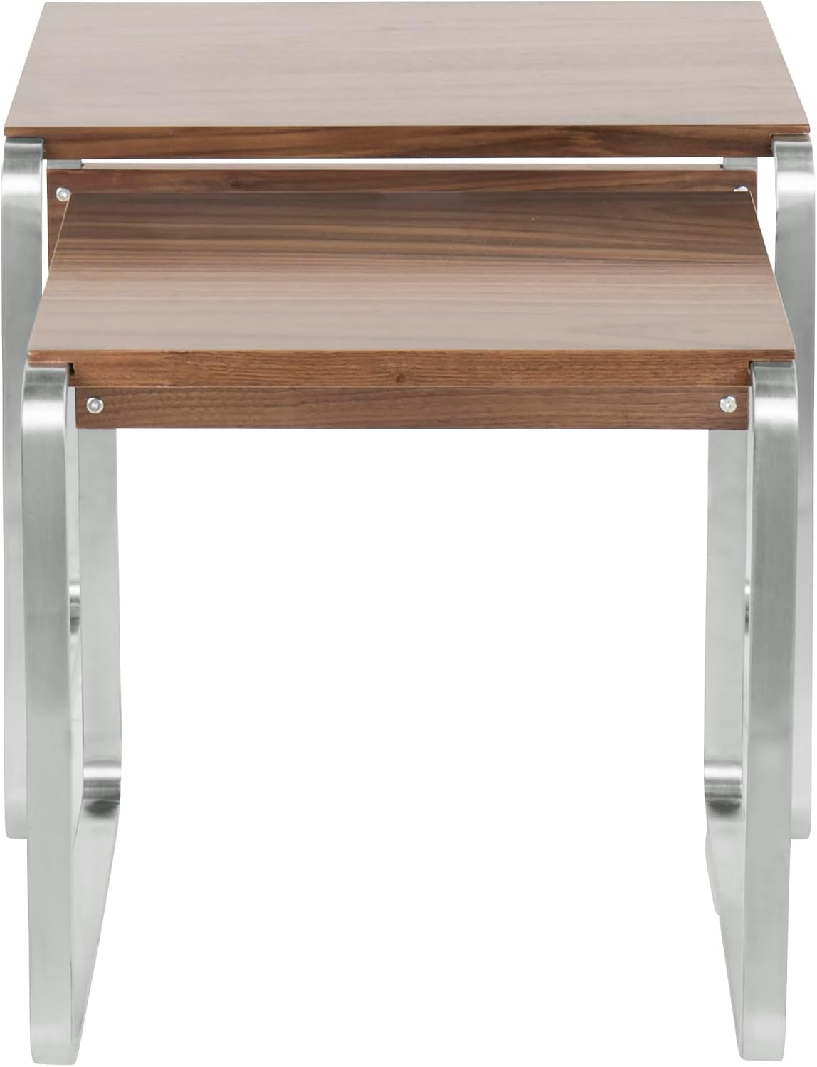 Side Mid-Century Modern Nesting Tables in Stainless Steel and Walnut | Two-table set with walnut wood tops and stainless steel bases