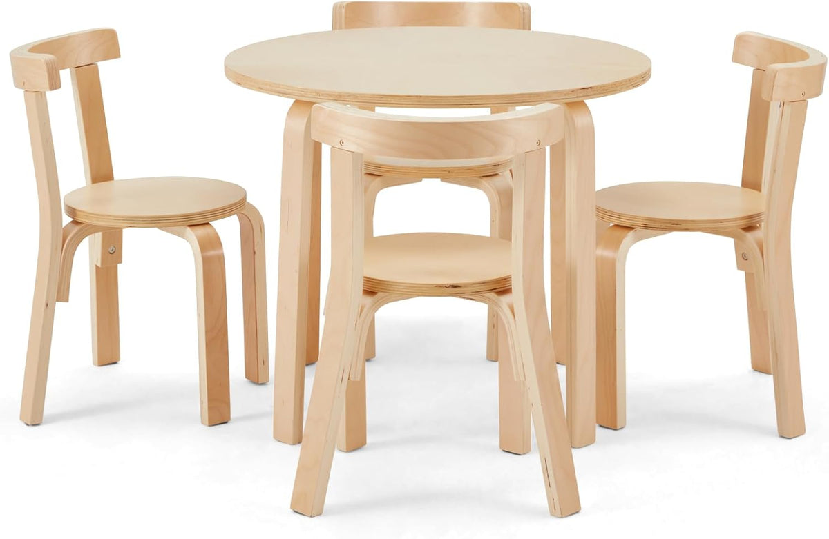 Kids Table and 4 Chairs Set - Round Table and Chair Set for Children, EN71 Certified, Birch Veneer - Wooden Dining Play Set for Children, Durable Wooden Play Table and Chairs, Solid Wood