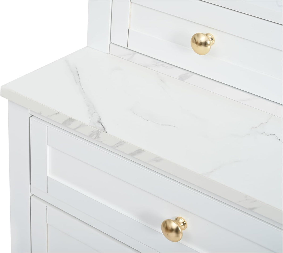 Mirightone 83.7Inch Tall Kitchen Pantry Cabinet, Corner Cabinet with 5 Storage Drawers and Adjustable Shelf, Freestanding Kitchen Pantry with Faux Marble Top. White
