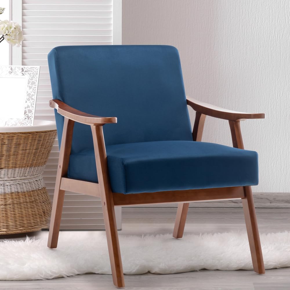 Lispin Mid-Century Modern Chair, Living Room Chair with Solid Wood Frame, Accent Chair Extra-Thick Backrest, Wingback Chair for Bedroom, Reading Room, Living Room (Blue + Velvet + Foam)