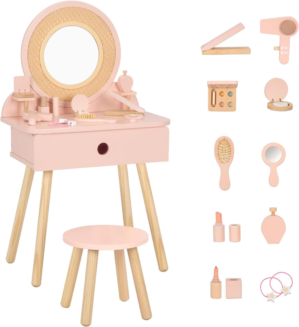 OOOK Toddler Vanity Set with 11pcs Accessories, Kids Vanity Table Chair Set | FSC Safety, Pink Pretend Makeup Toy with Straw Weaving Decor, Suitable for Girls Aged 3+
