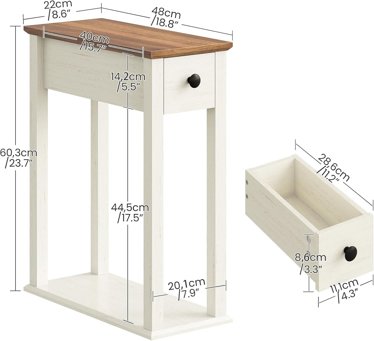 CHOEZON Farmhouse End Table, 2-Tier Narrow Side Table with Drawer, Wooden Nightstand, for Small Space, Living Room, Bedroom, Cloud White and Walnut MBZ13WL